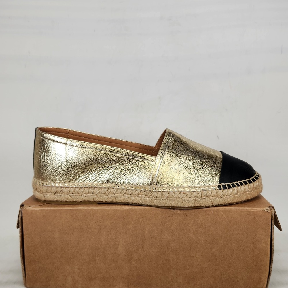 Jutelia Espadrille Flats Women Size 11 Gold Black Leather Cap Toe Slip On